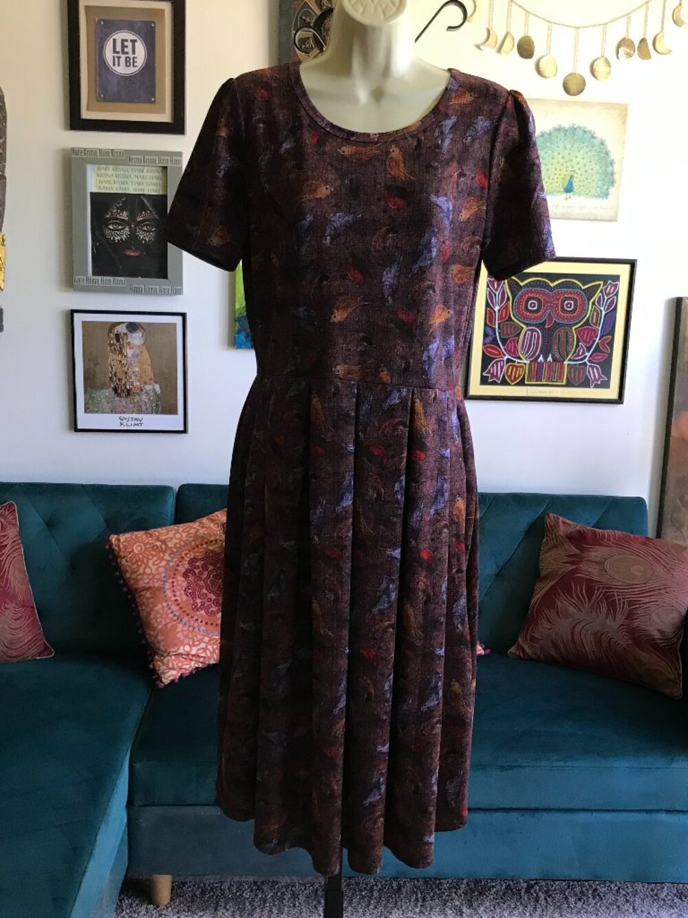 LULAROE size L Amelia Pleated Bird Print Fit & Flare Midi Dress Dark Cottagecore
